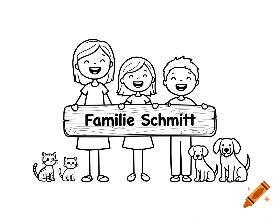 Black and white line art of a family and pets holding a 'Familie Schmitt' sign.