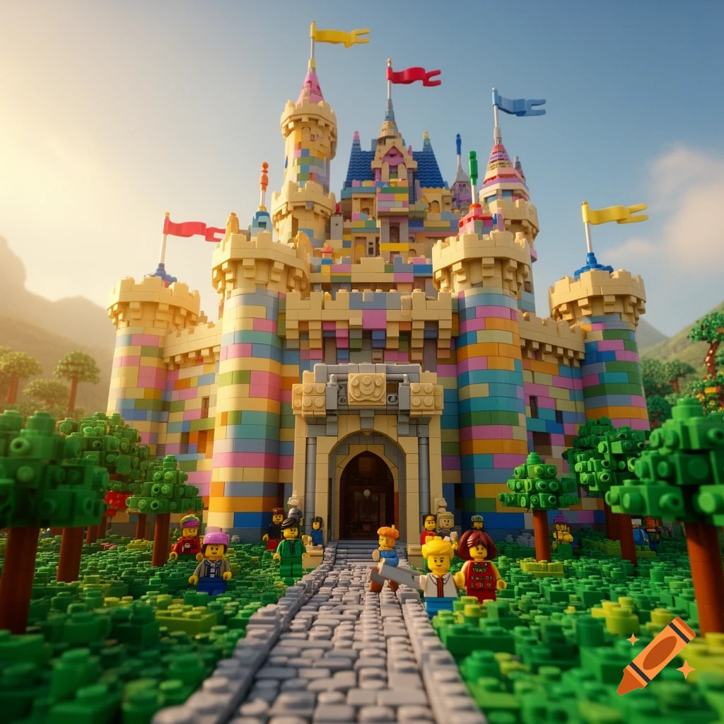 A vibrant, multi-colored Lego castle stands amidst green Lego trees and minifigures on a paved path, under a bright sky.