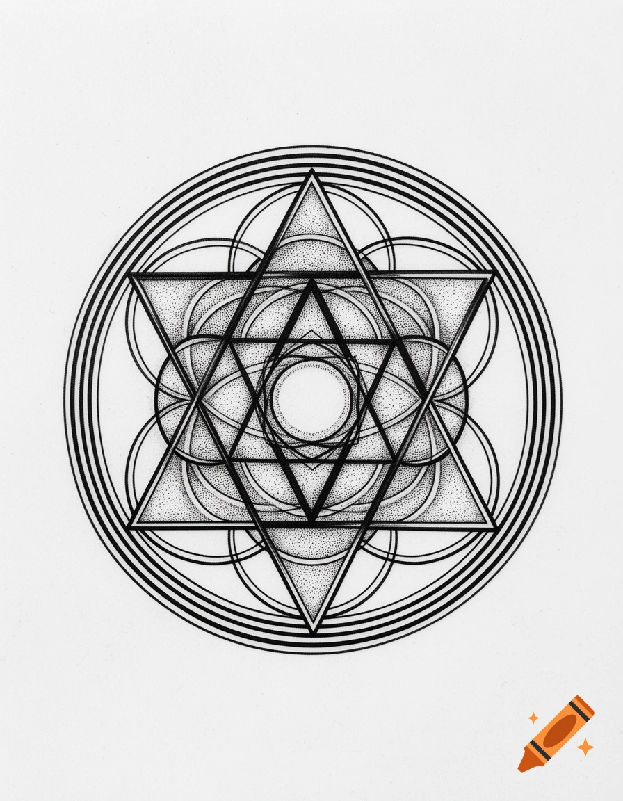 A black and white geometric design featuring a complex star shape and concentric circles with stippling shading.