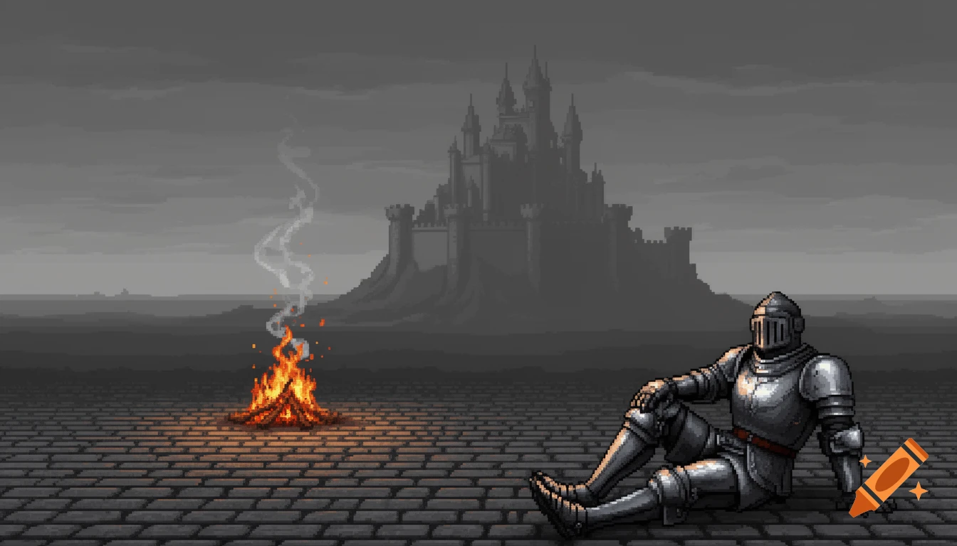 A pixel art knight rests on cobblestones next to a campfire, with a large castle in the foggy distance under a grey sky.
