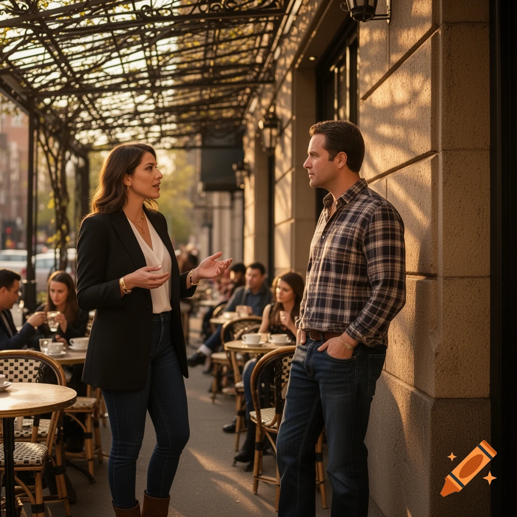 A woman in a black blazer talks to a man in a plaid shirt outside a sunny cafe with outdoor seating, photorealistic style.