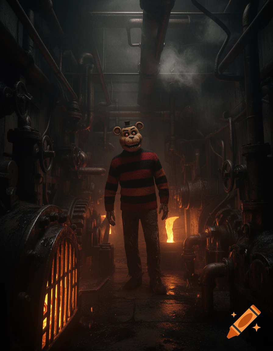 A creepy teddy bear-like character with glowing red eyes and a striped sweater stands in a dark, steamy industrial boiler room with glowing furnaces.