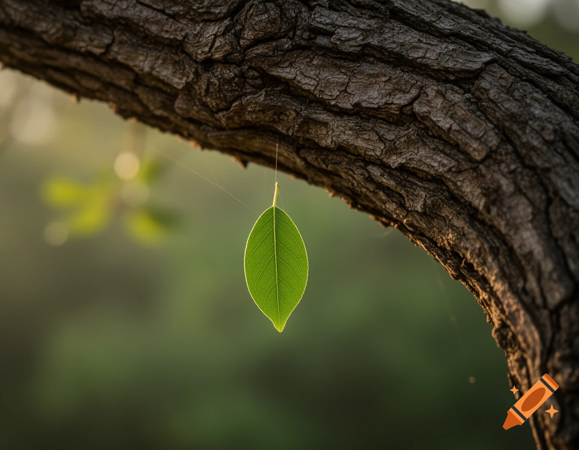 Photorealistic macro shot of a vibrant green leaf hanging by a thin spiderweb thread from a rough tree branch in soft morning light.