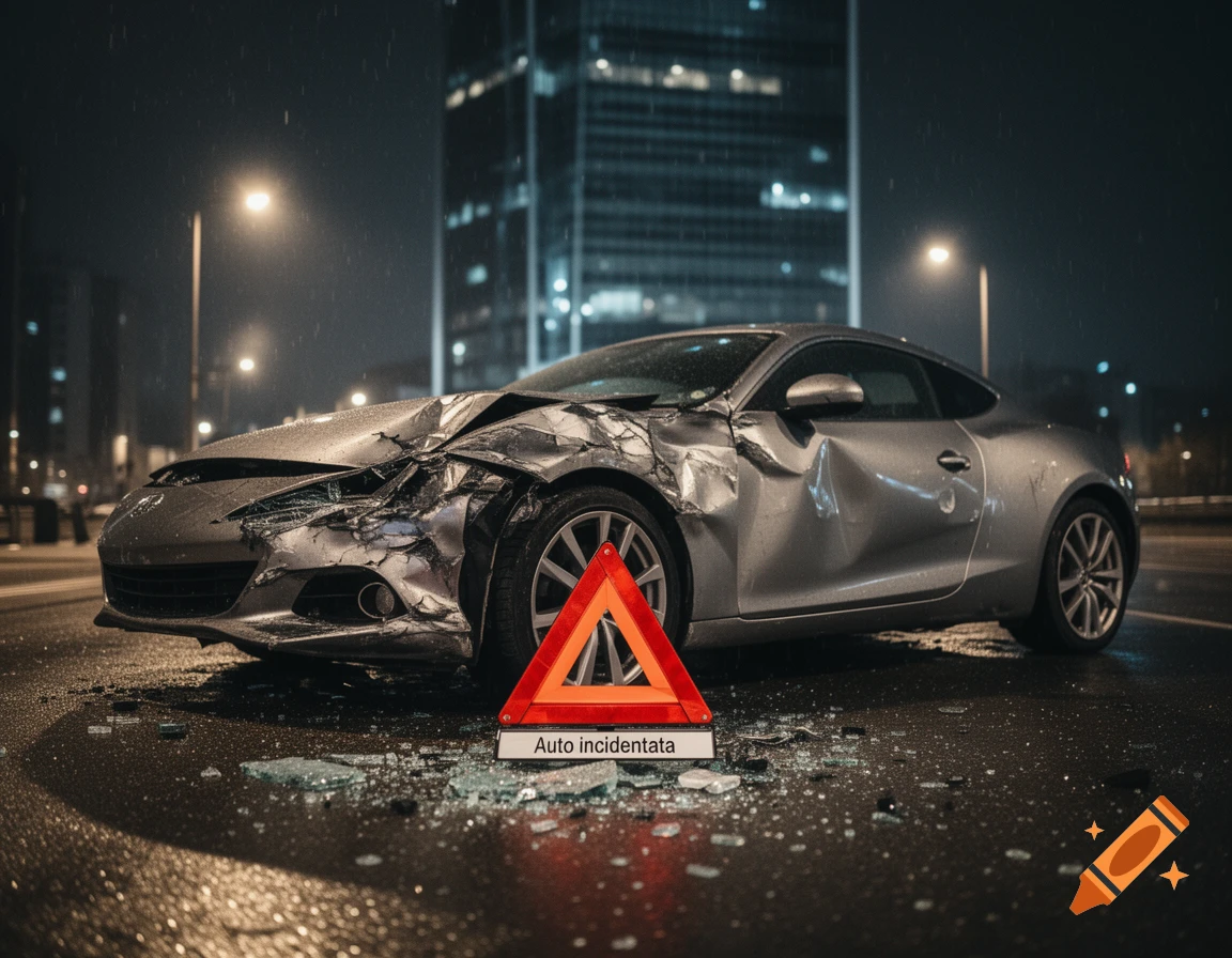 A silver car with severe front-end damage sits on a wet city street at night, with a red warning triangle and broken glass.
