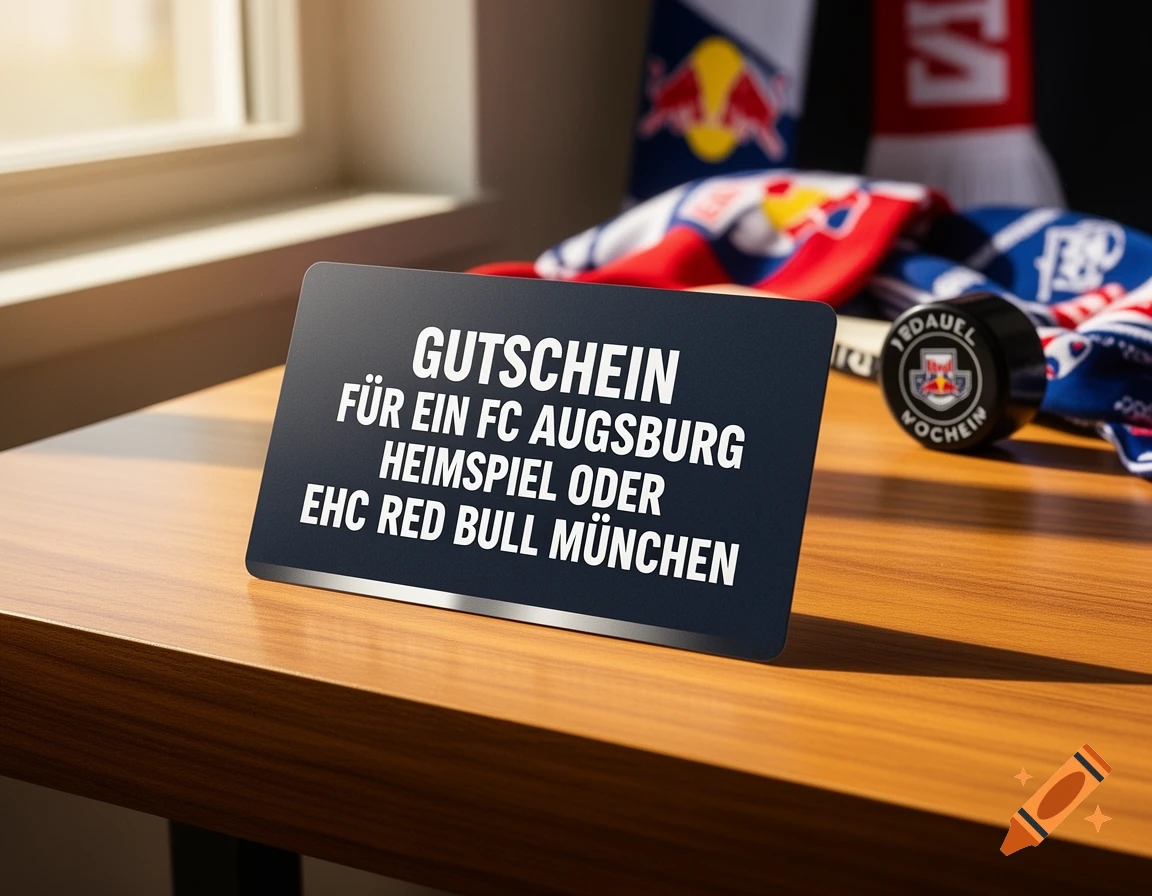 A voucher for FC Augsburg or EHC Red Bull München events on a wooden table, next to sports scarves and a Red Bull branded hockey puck, photorealistic style.