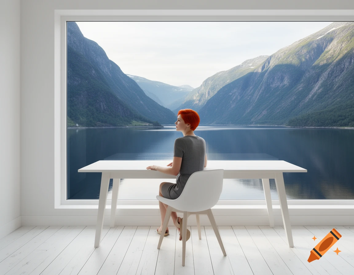 A woman with red hair sits at a white desk in a Scandinavian-style room, gazing out a large window at a Norwegian fjord.