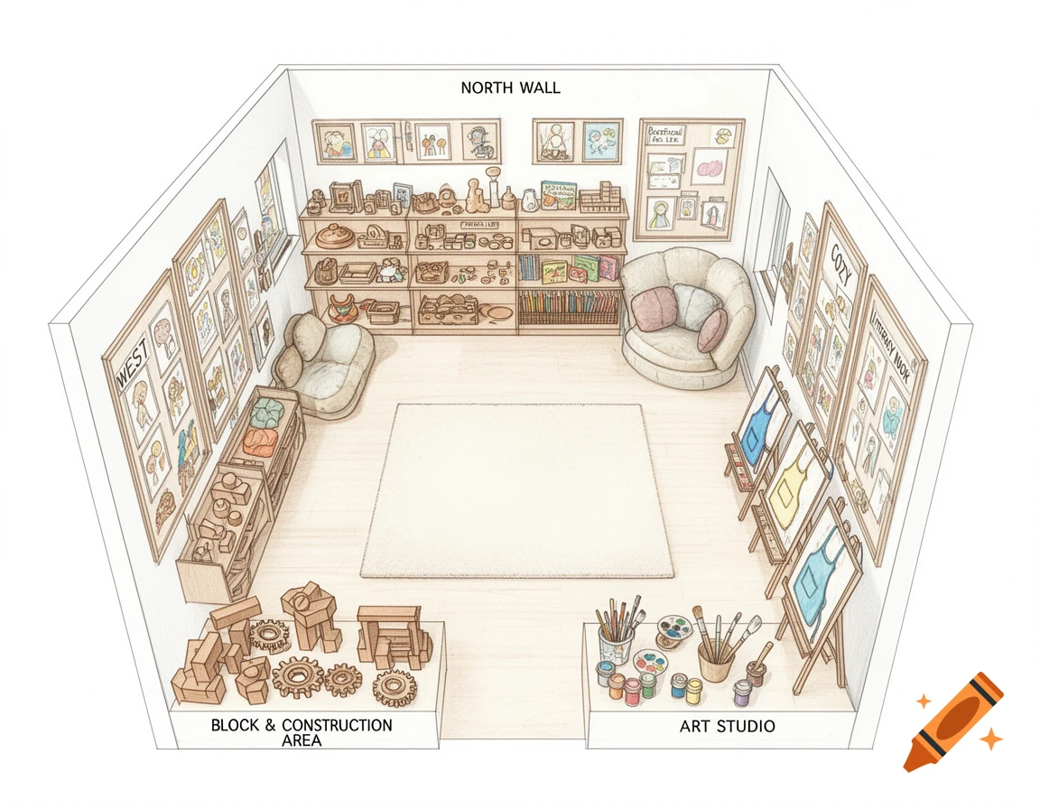Hand-drawn blueprint diagram of a Montessori classroom with defined areas for blocks, art, literacy, and practical life.