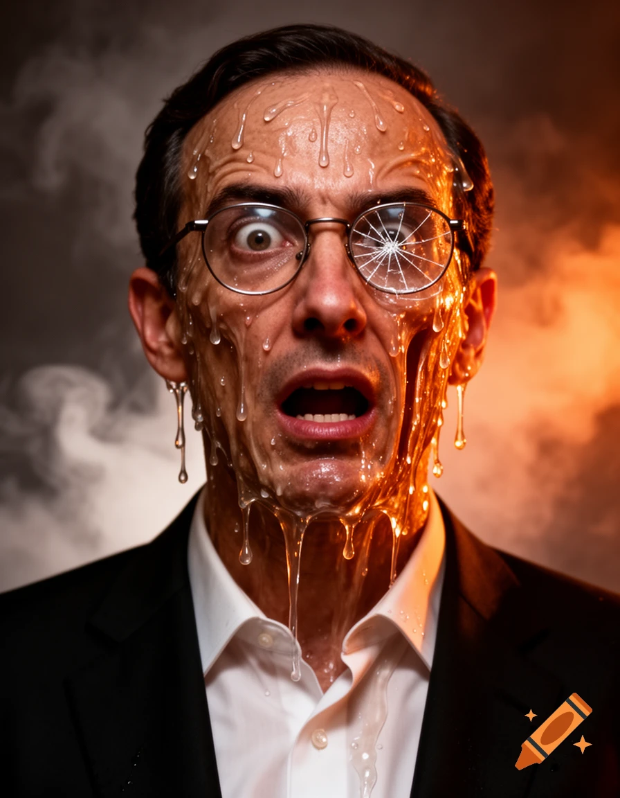 A photorealistic portrait of a distressed man with a clear, gooey substance dripping down his face; one eyeglass lens is cracked.