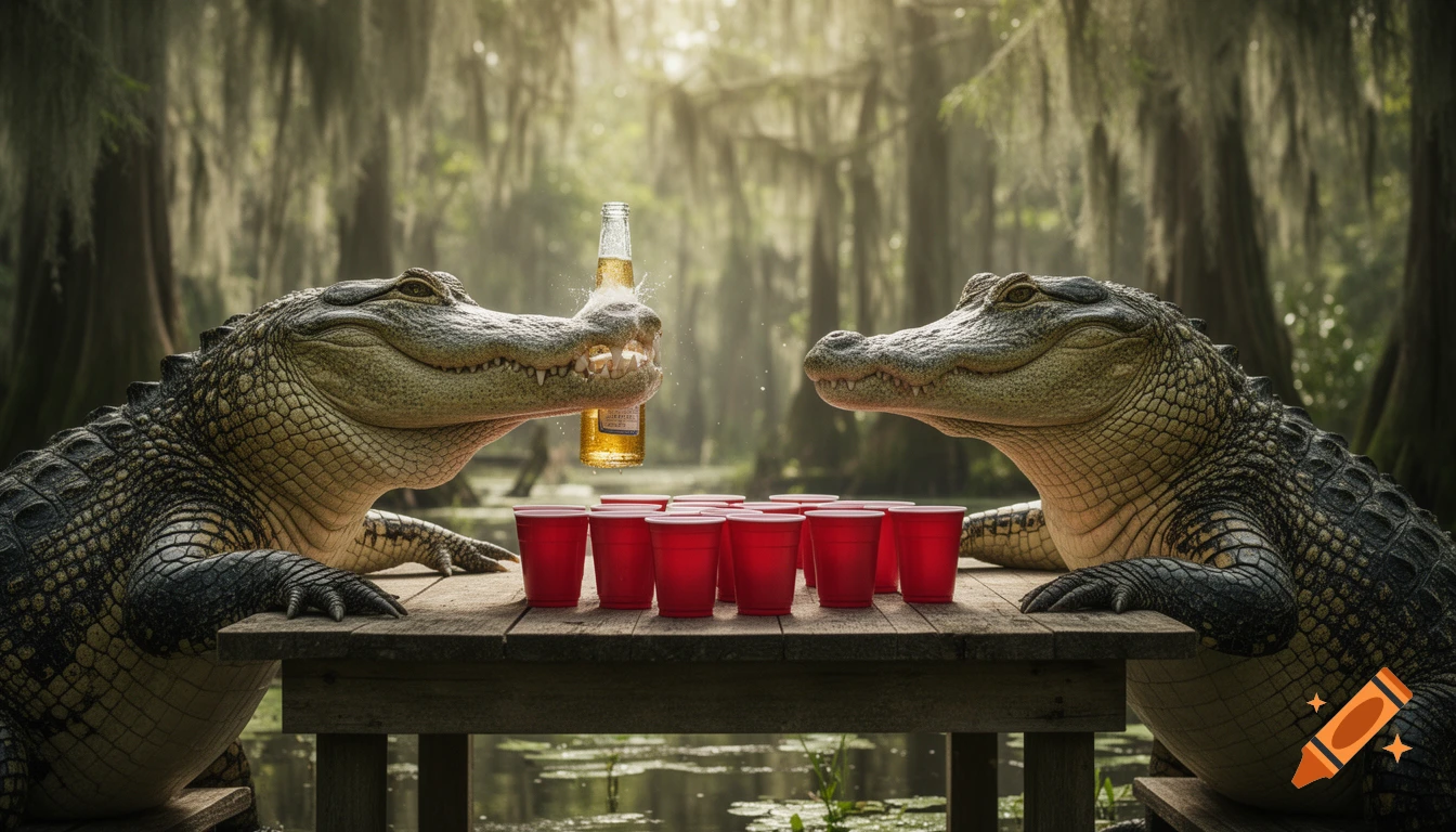 Two realistic alligators playing beer pong on a wooden table in a misty swamp, with a beer bottle splashing.