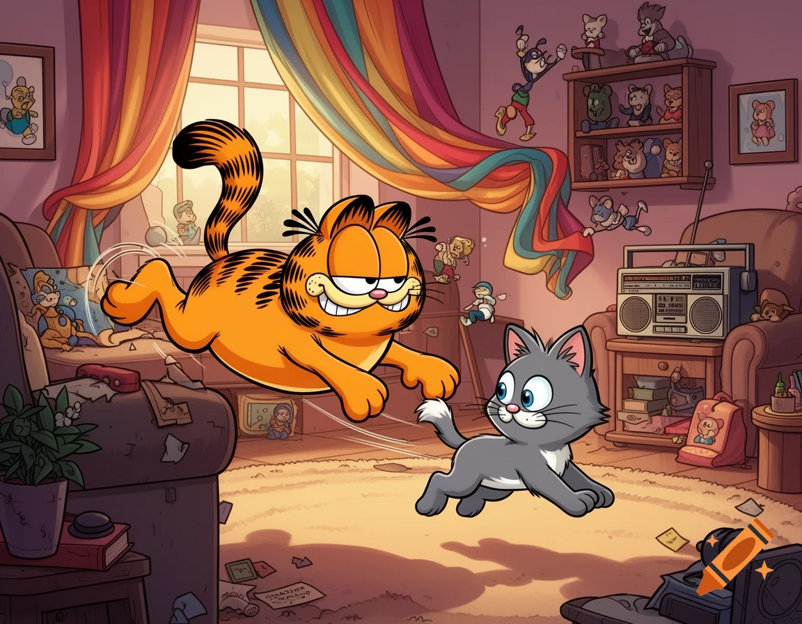 Cartoon Garfield the orange cat chasing a grey kitten Nermal in a messy, colorful house filled with toys and household items.
