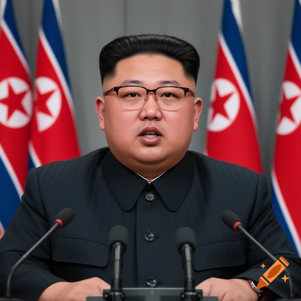 A photorealistic portrait of Kim Jong Un in a dark suit with microphones, sitting in front of North Korean flags.