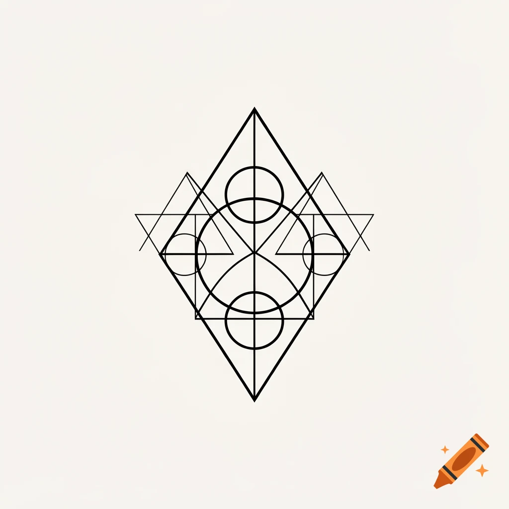 A complex black line art geometric pattern featuring triangles, circles, and a large diamond shape on a light background.