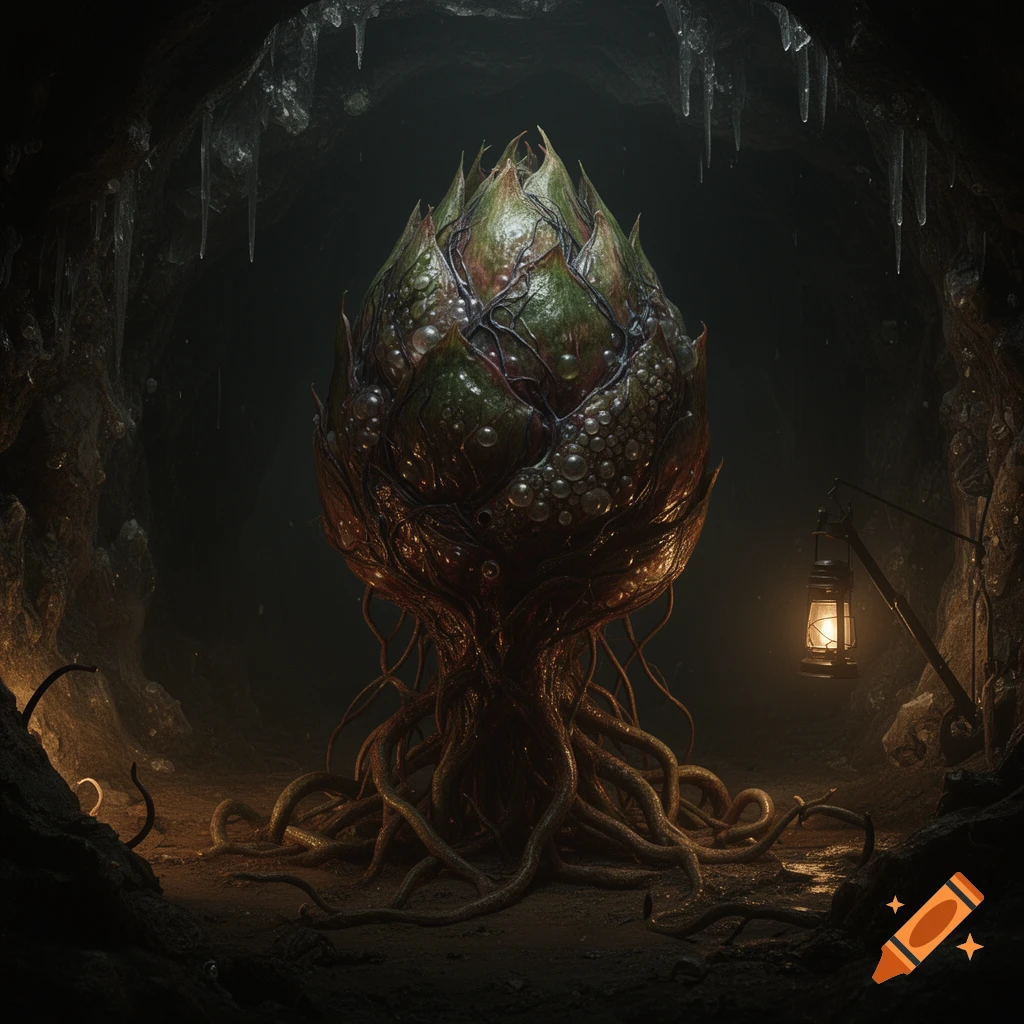 A grotesque plant-like monster with roots and a bulbous body in a dark, icy cave, illuminated by a lantern.