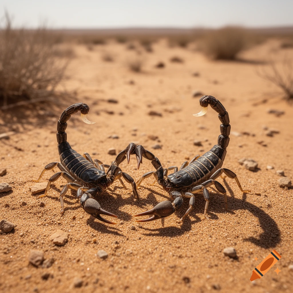 Two black scorpions face each other with tails curled, on sandy desert ground under a bright sky, in a photorealistic style.