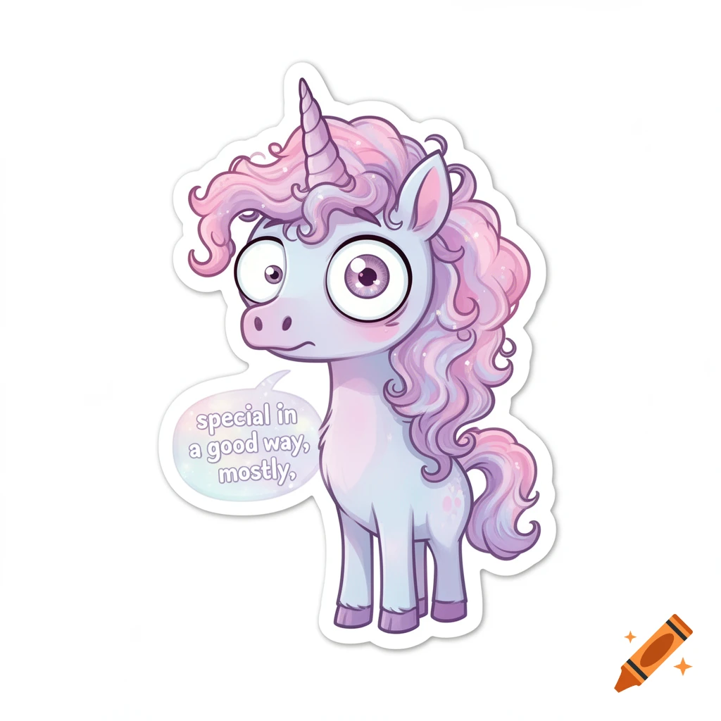 Cartoon sticker of a derpy unicorn with pink hair and big eyes, saying 'special in a good way, mostly.'