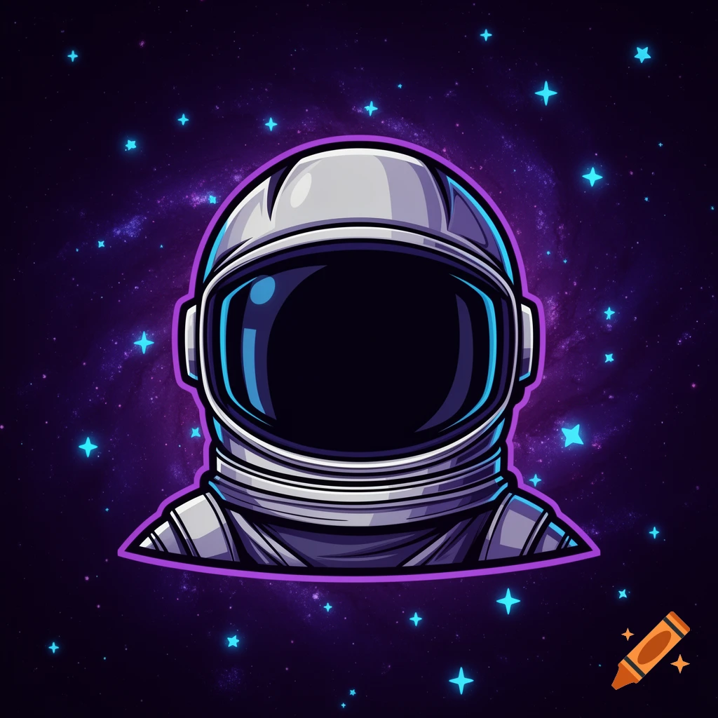 A stylized astronaut helmet icon against a dark purple galaxy background with neon blue stars, in vector gaming style.