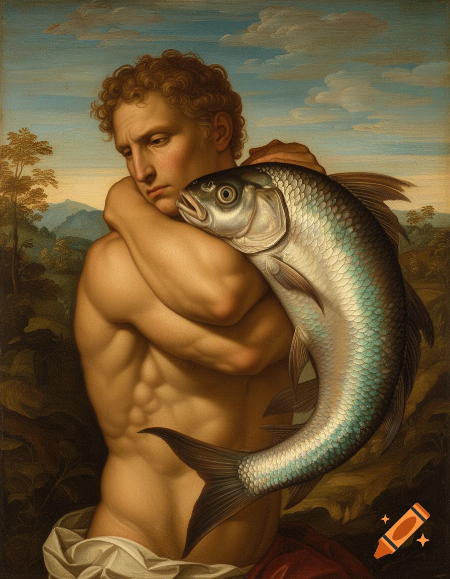 A Renaissance-style painting depicts a muscular man with curly hair embracing a large silver fish against a landscape background.