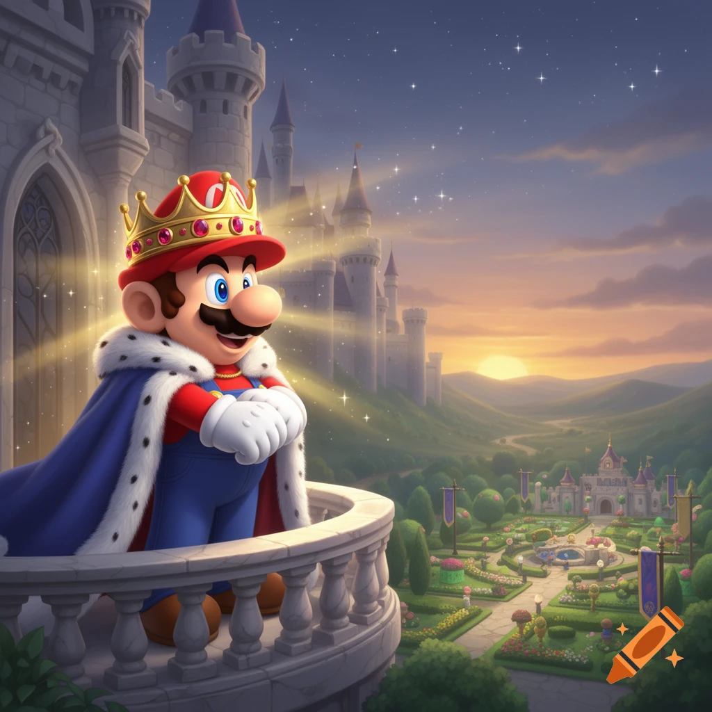 King Mario stands on a grand castle balcony, overlooking lush gardens and a distant castle at sunset, in a stylized illustration.
