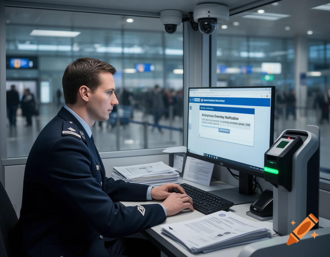 A photorealistic image of a European border officer in uniform sitting at a desk in an airport control booth, typing on a keyboard while reviewing an "Anonymous Overstay Notification" on a computer screen. Stacks of paper are on the desk.