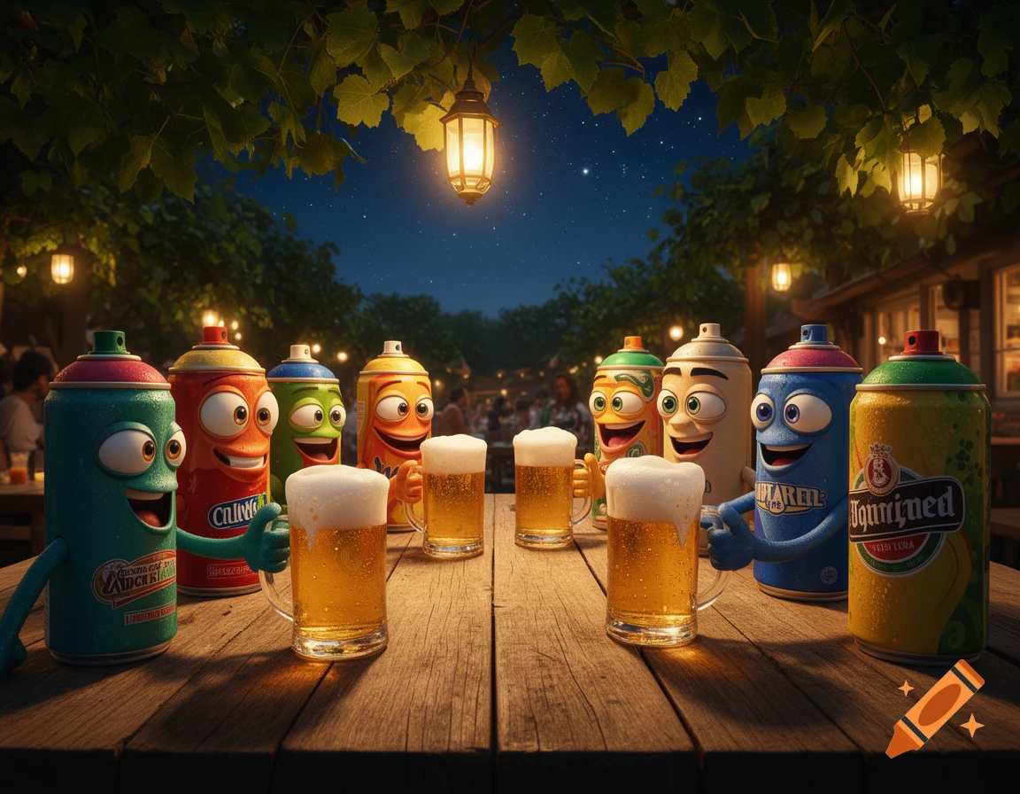 Anthropomorphic spray cans with cartoon faces sit around a wooden table, drinking beer at an outdoor bar under a starry night sky with lanterns.