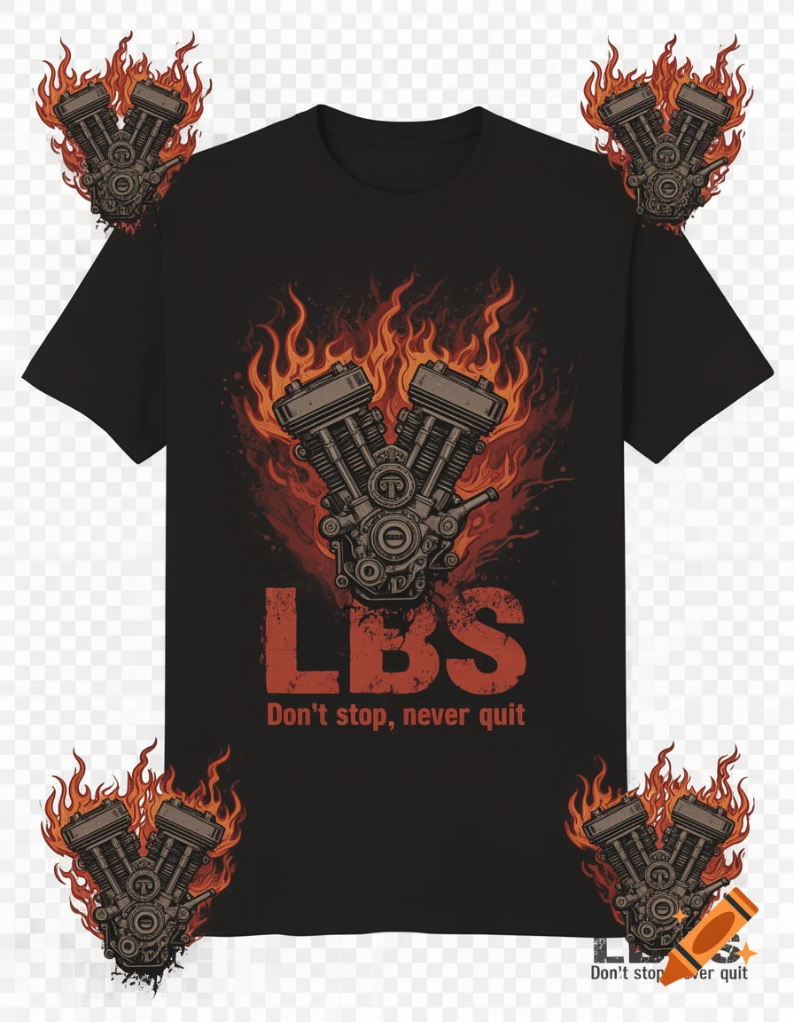 Black t-shirt with a grunge-style burning V-twin engine and 'LBS Don't stop, never quit' text. Transparent background.