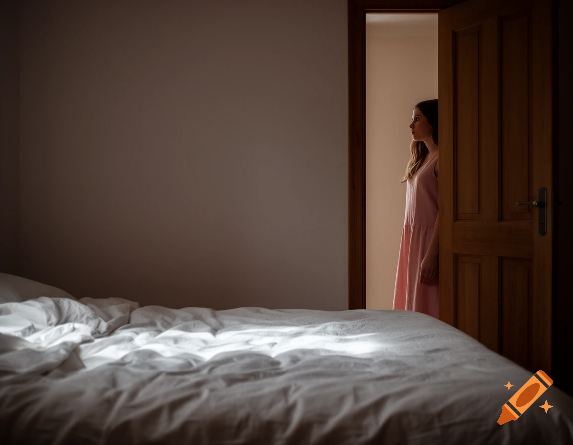A girl in a pink dress stands in a dimly lit doorway, looking away, with an empty bed in the foreground with light on the sheets.