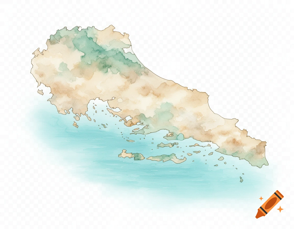 Watercolor map illustration of Croatia, featuring warm-toned landmass and islands surrounded by light aqua blue water.