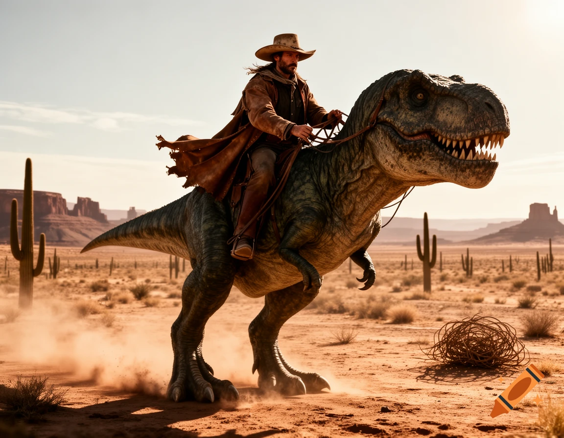 A cowboy rides a T-Rex through a desert landscape with cacti and mesas under a clear sky.