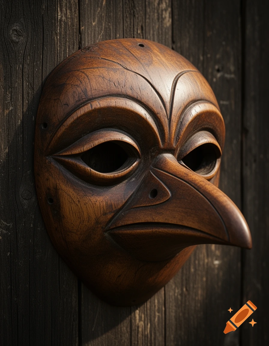 Close-up of a carved wooden raven mask with large eyes, mounted on a dark wooden plank wall, in a realistic style.