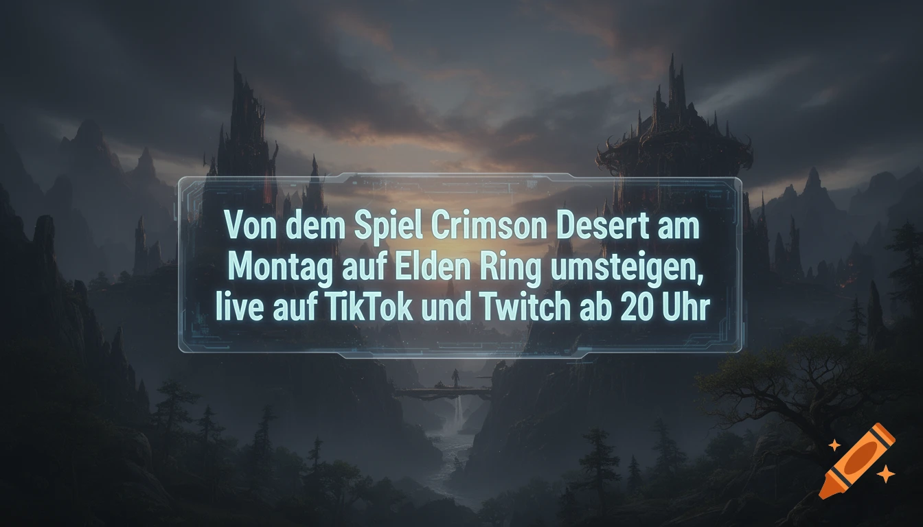 A futuristic text box with German text about switching to Elden Ring on Twitch and TikTok, overlaying a dark fantasy landscape with mountains and a castle.