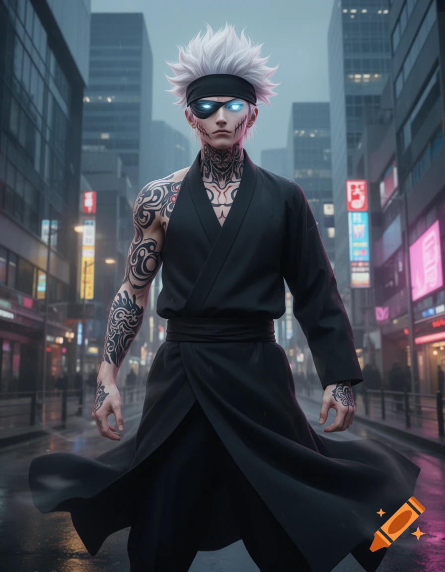 Anime character with white spiky hair, glowing blue eyes, face markings, and intricate black tattoos, wearing a black kimono, stands on a wet city street.