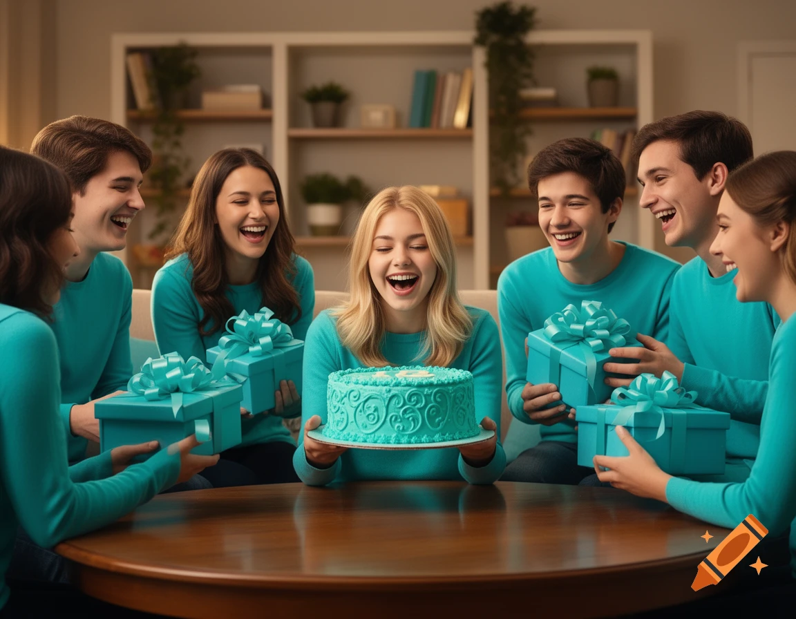 A group of young adults in turquoise shirts celebrating a birthday, presenting a turquoise cake and gifts to a blonde woman.