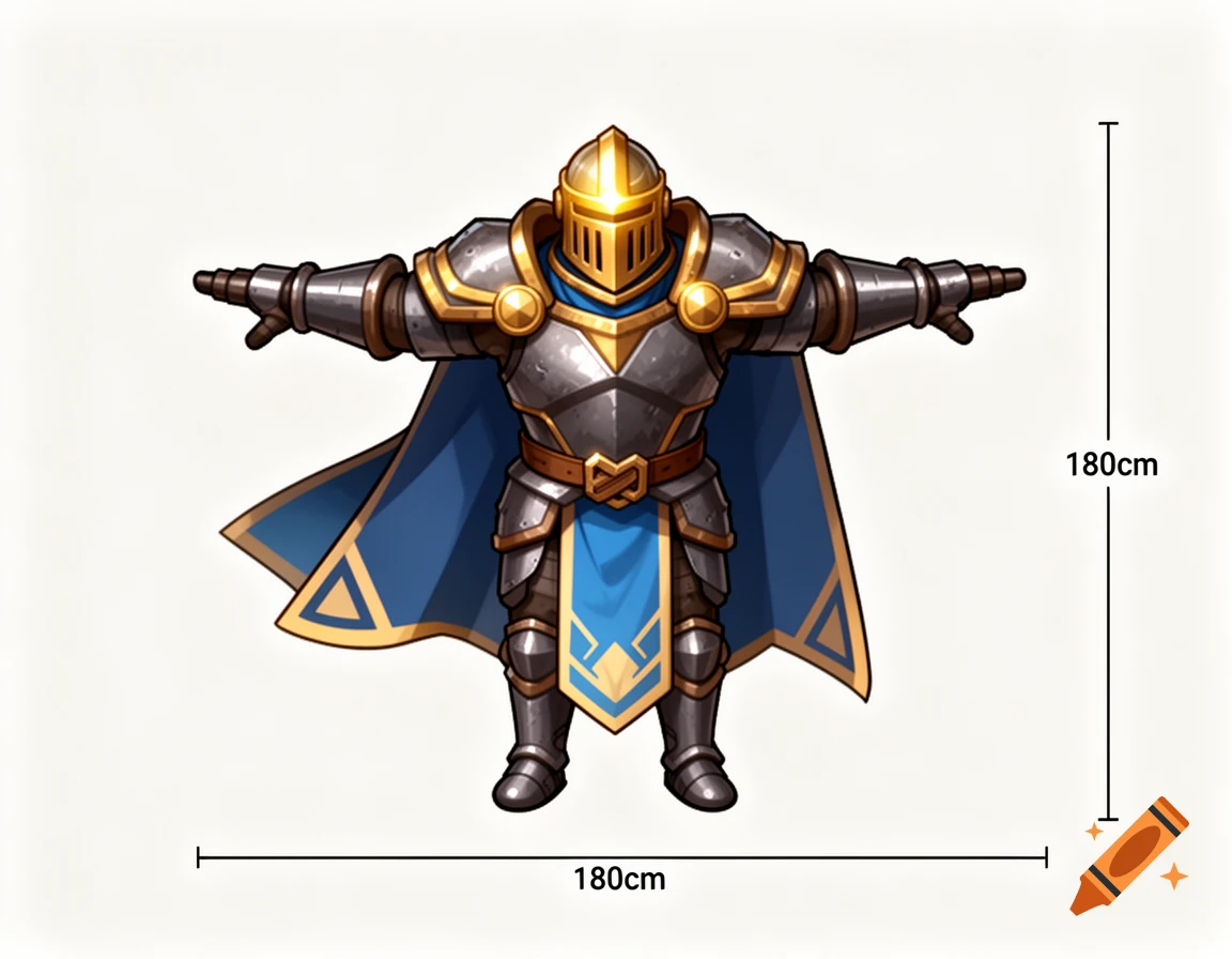 Stylized cartoon knight in T-pose, wearing gold and silver armor with a blue cape, marked with 180cm measurements.