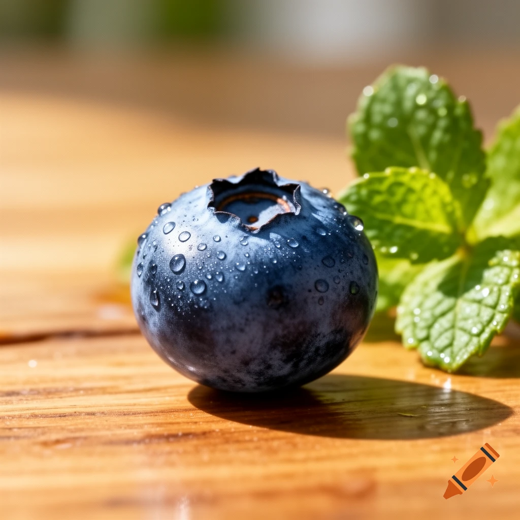 A fresh blueberry covered in water droplets rests on a wooden surface next to vibrant green mint leaves, in a photorealistic style.