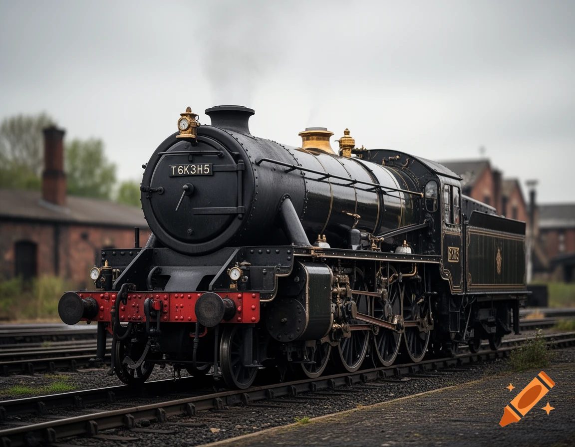 A black and gold photorealistic steam engine with the number T6K3H5 on its front, parked on tracks at a station.