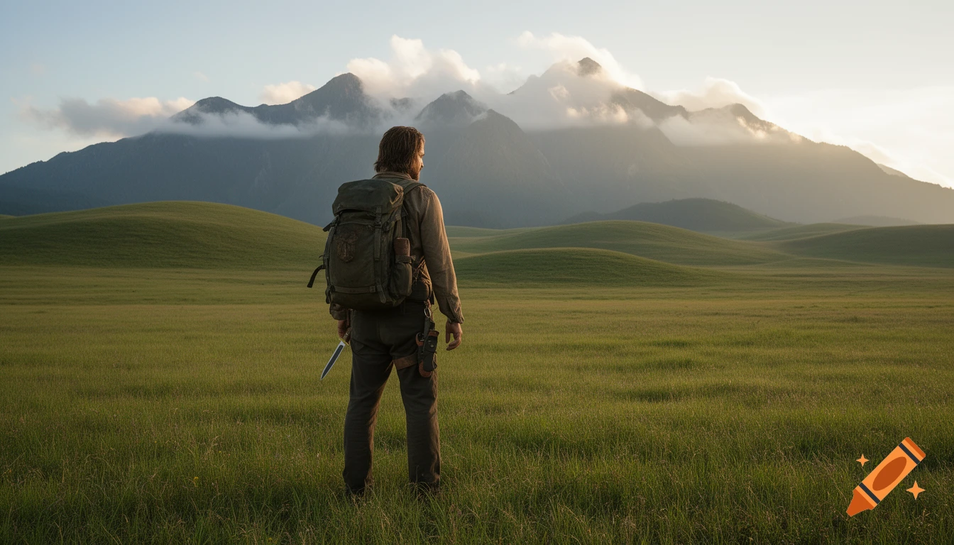 A man with a backpack and knife stands in a vast grassy field, gazing at cloud-covered mountains under a bright sky.