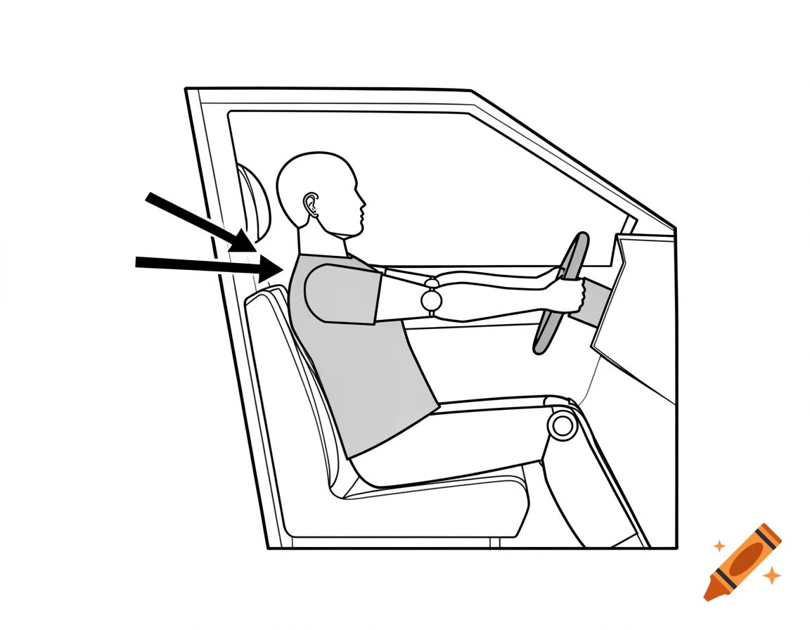 Minimalist black and white technical diagram of a dummy figure in a car seat, with arrows indicating extraction force on the shoulder and back.