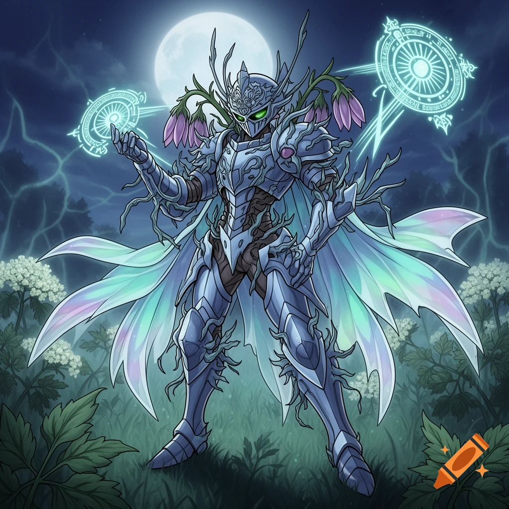 An armored flower knight with glowing green eyes and iridescent wings, casting magic under a full moon in a mystical forest.
