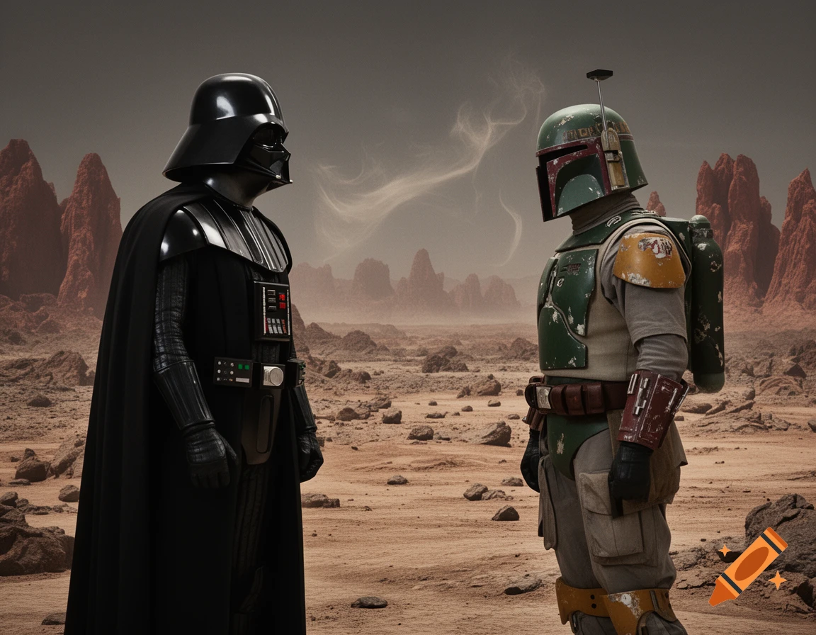 Darth Vader and Boba Fett face each other on a desolate, rocky planet under a cloudy sky, photorealistic style.