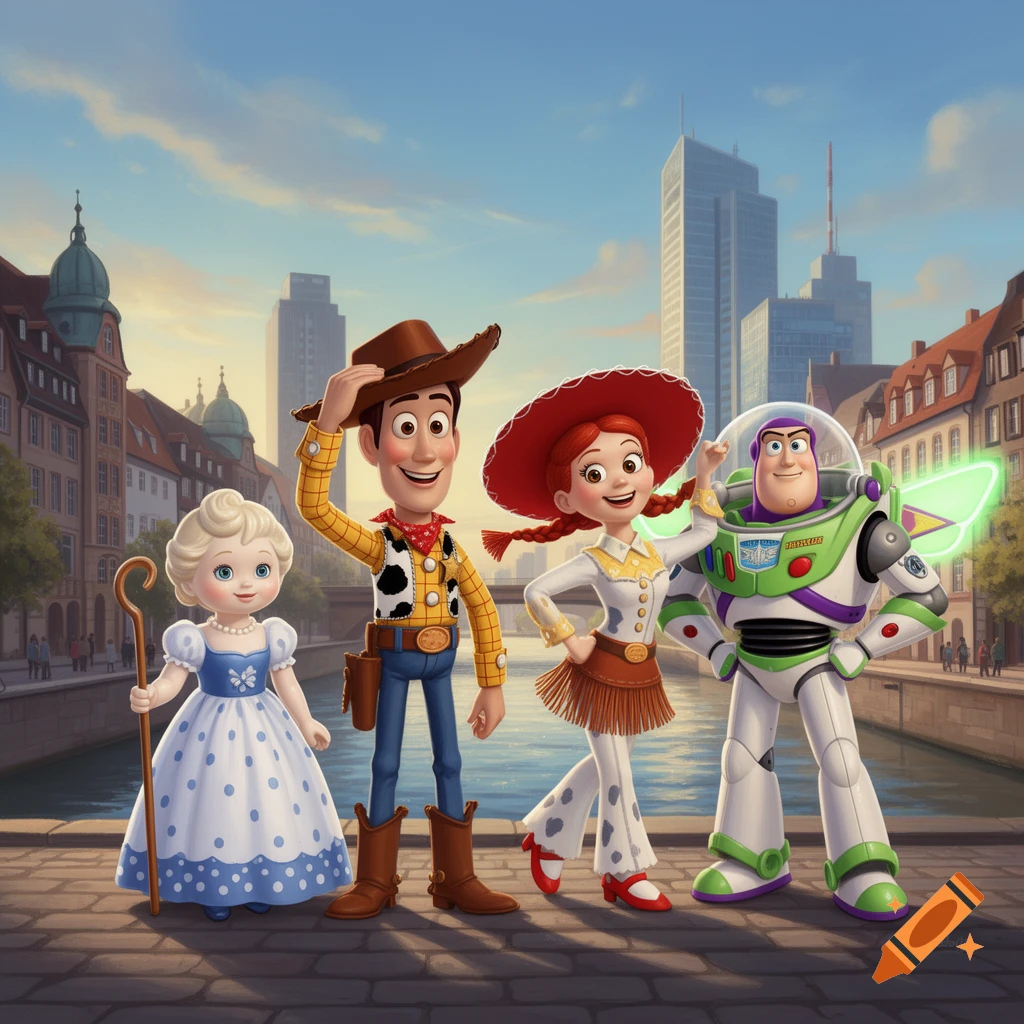 Woody, Jessie, Buzz Lightyear, and Elsa pose on a European city street by a canal with buildings in the background.
