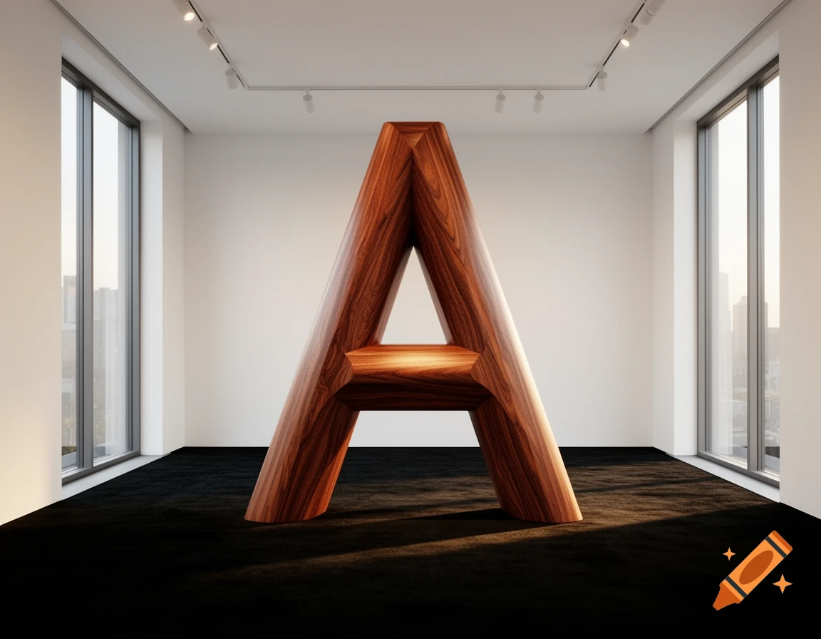A large, smooth wooden letter A stands as an art installation in a minimalist, well-lit room with large windows.