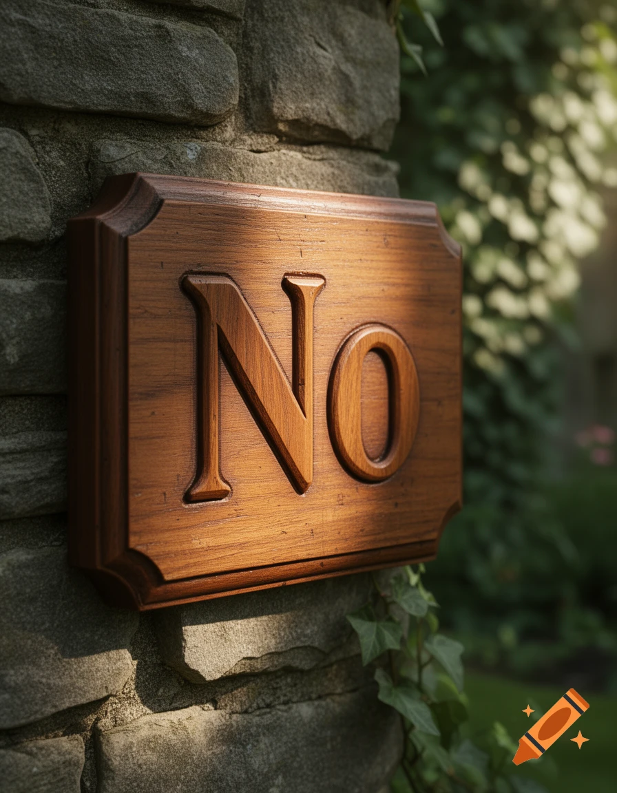 Photorealistic wooden sign with the word 'No' carved into it, mounted on a stone wall with ivy.