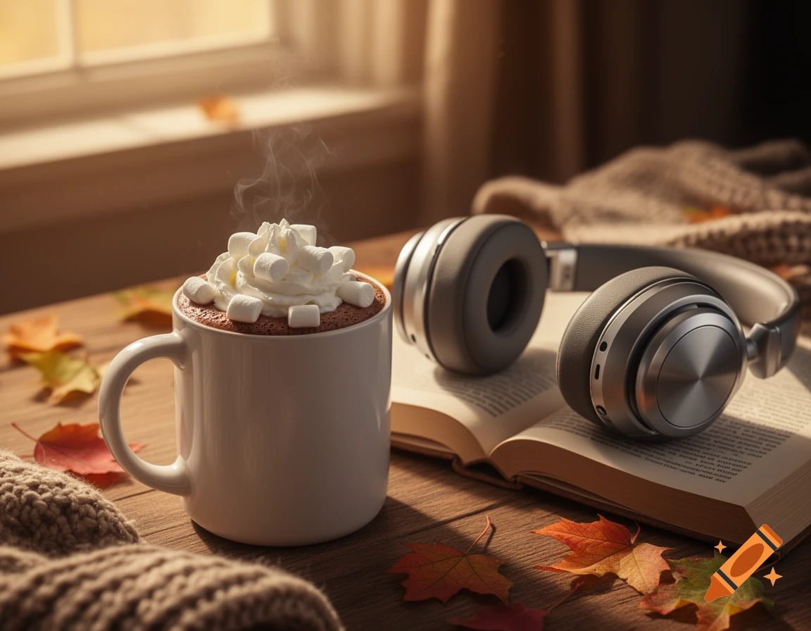 Steaming mug of hot chocolate with whipped cream and marshmallows on a wooden table, next to gray headphones on an open book. Autumn leaves and a knit blanket are also on the table, with warm window light in the background.