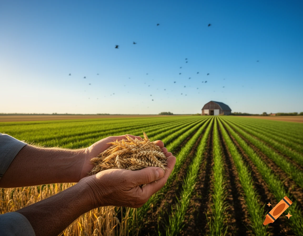 Hands hold golden wheat in a sunny farm field with green crops and a barn under a blue sky.