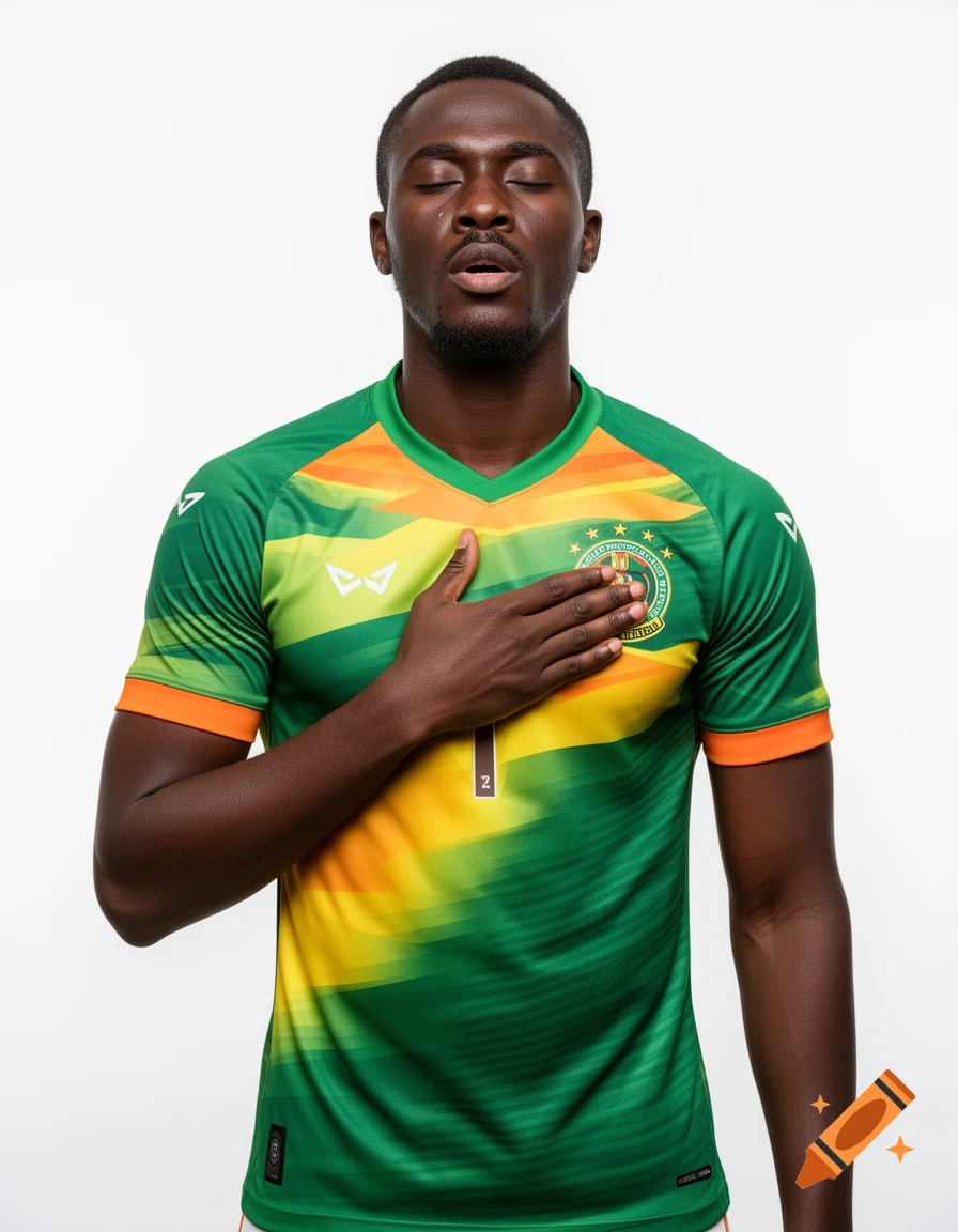 A photorealistic studio portrait of an African male soccer player in a green, orange, and yellow jersey with his hand on his heart, eyes closed.