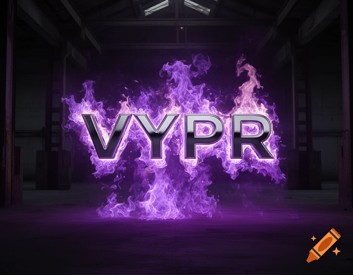 Metallic 'VYPR' text engulfed in vibrant purple flame, set against a dark, industrial backdrop.