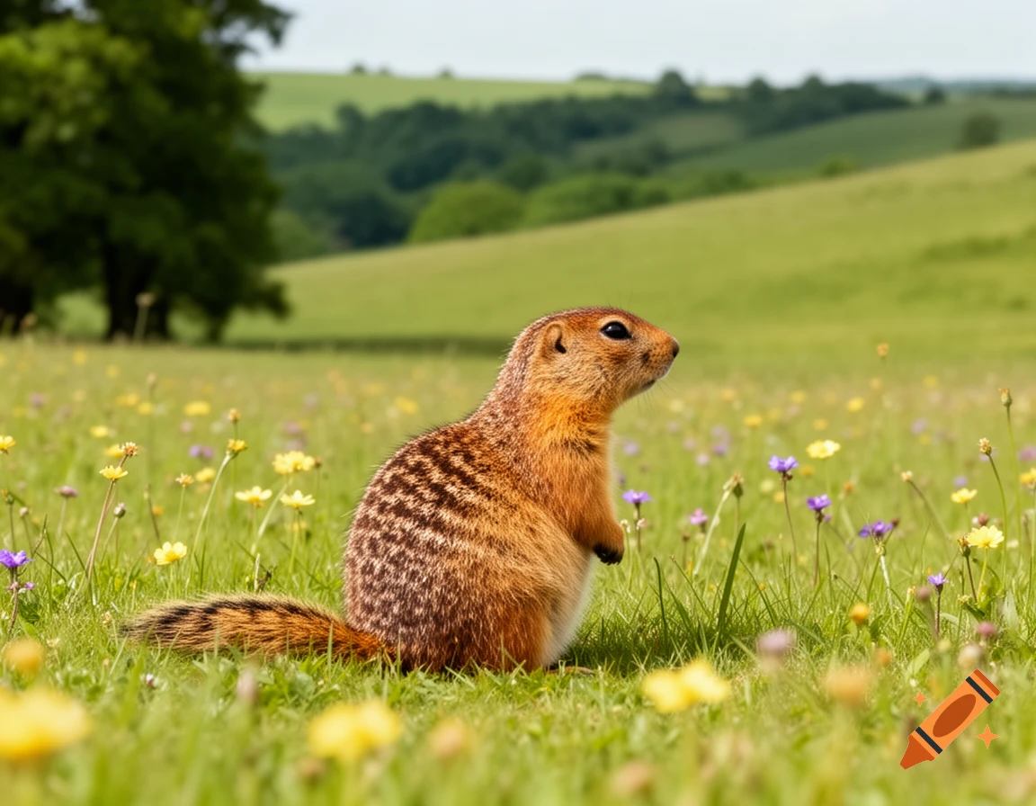A small striped gopher stands in a green meadow filled with wildflowers, with rolling hills and trees in the background.