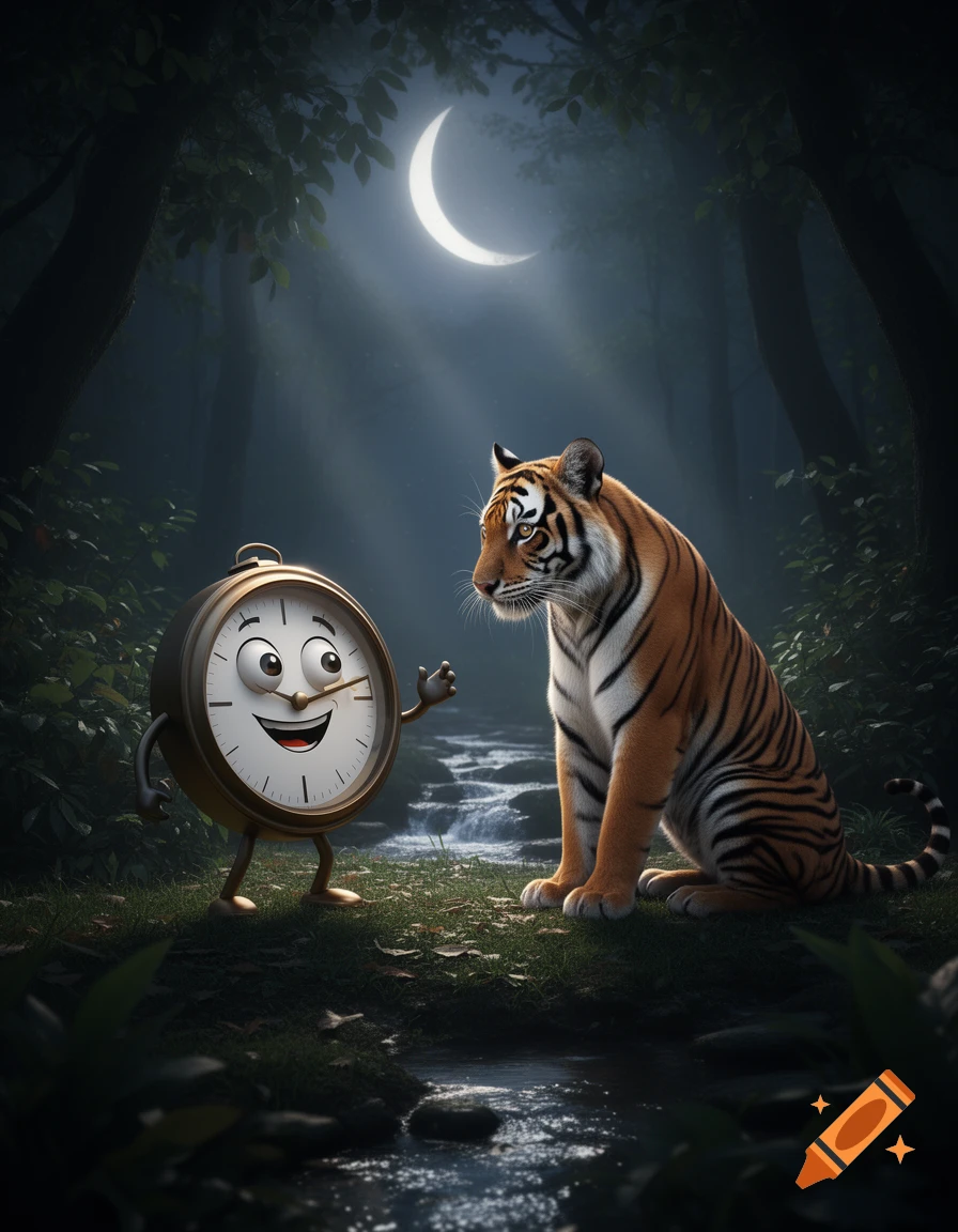 A smiling, animated clock stands by a sitting tiger in a moonlit, mystical forest with a flowing stream.