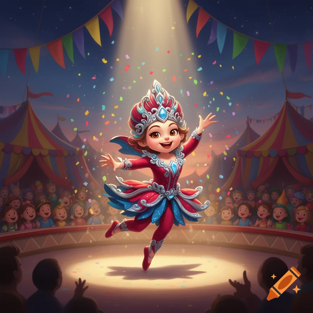 A smiling cartoon circus performer in a red and blue costume leaps under a spotlight with confetti, audience, and tents.
