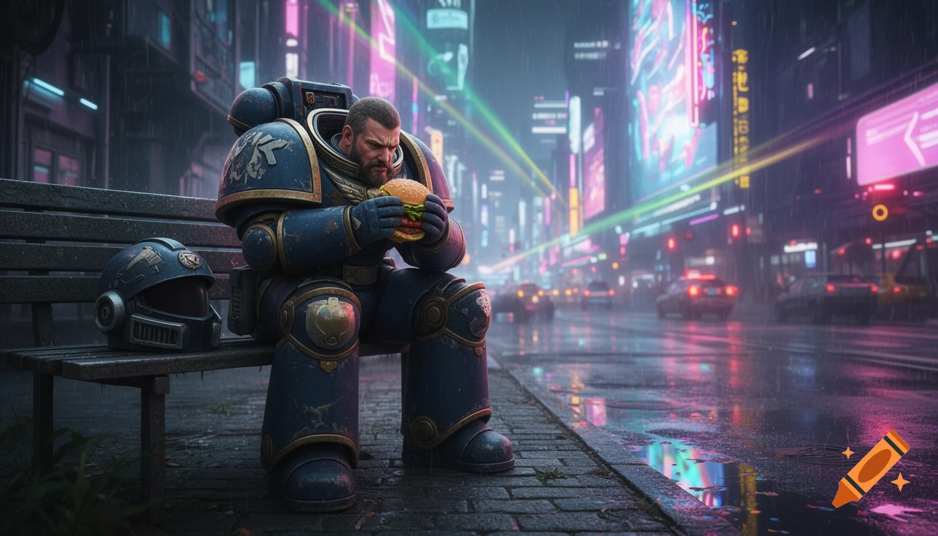 A tired Space Marine in bulky power armor sits on a bench in a rainy cyberpunk city at night, eating a burger. His helmet rests beside him.